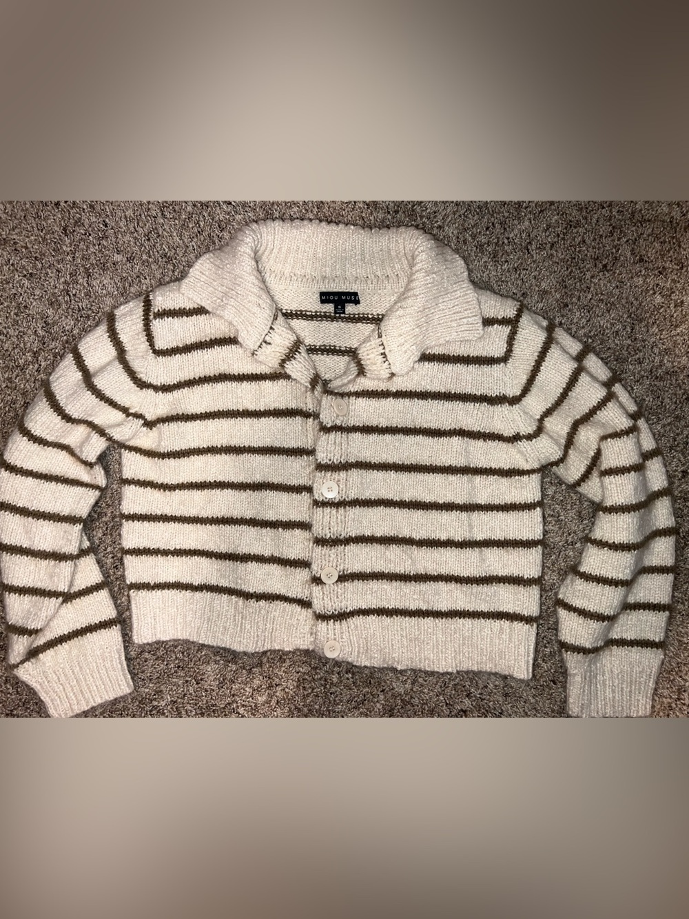 Miou Muse Women’s Cream Brown Striped Button-Up Sweater Cardigan Anthropologie S